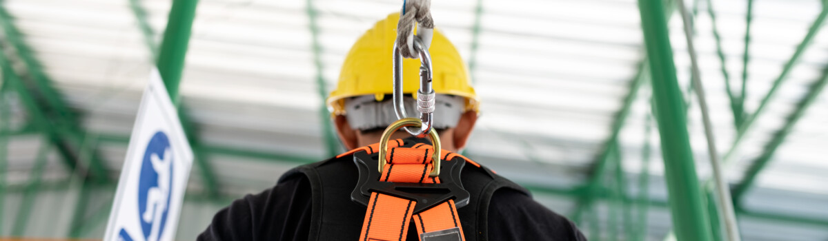Worker in fall arrest harness